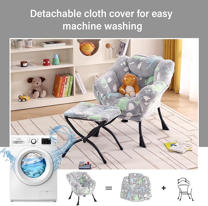 Welnow Toddler Kids Lazy Chair with Ottoman, Glow in The Dark Accent Comfy Lounge Children Armchair Couch with Removable Cover, Detachable Reading Chair with Footrest for Boy or Girl, Grey Dinosaur