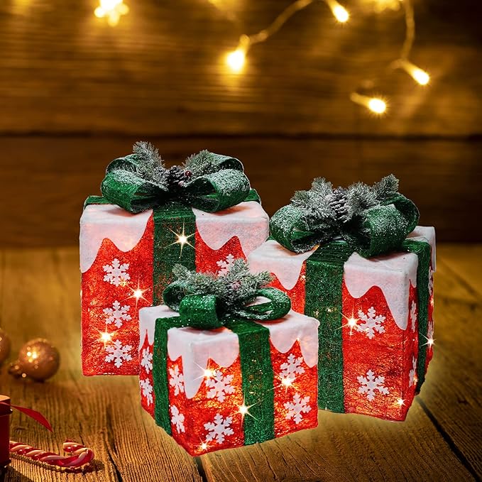 [Ultra-Large 16"x14"x11.5" Christmas Set of 3 Lighted Gift Boxes Decorations Pre-lit 91 Super-Bright LED with Flashers,for Indoor Outdoor Pathway Holiday Party Home(Warm White)
