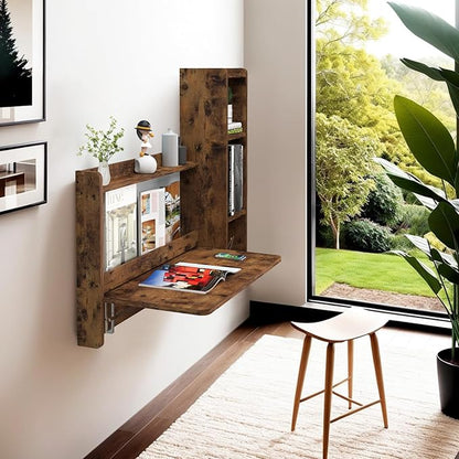 Pmnianhua Farmhouse Floating Desk,41''Wall Mounted Desk,L Shaped Folding Table,Fold Down Laptop Computer Table with Storage for Wall Bedroom Small Space (Rustic Brown-Right)