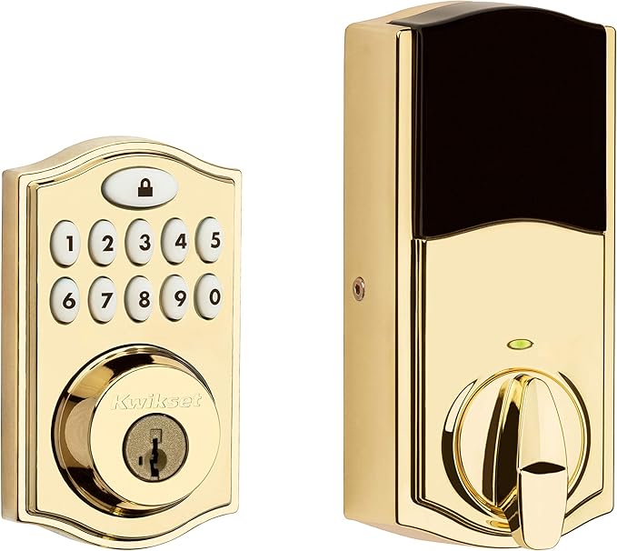 Kwikset 914 Traditional Keypad SmartCode Electronic Deadbolt Smart Lock featuring SmartKey Security and ZigBee 3.0 Technology in Polished Brass
