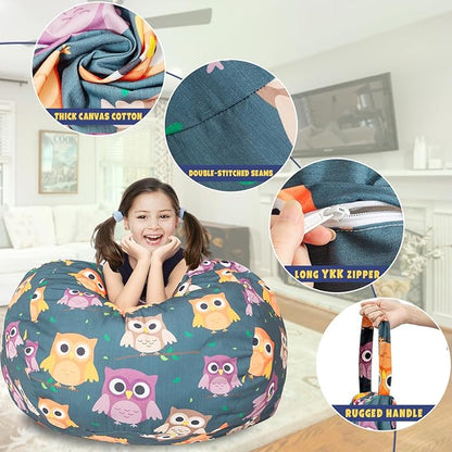 Stuffed Animal Storage Bean Bag Chair Cover, Hold Kids Plush Toys Blankets Towels Beanbag (Cover Only), Canvas Floor Circle Stuff Sit Seat Sofa with YKK Zipper, Large 32", Owl