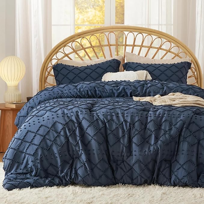 Bedsure Twin/Twin XL Comforter Set - Navy Boho Twin Extra Long Comforter Set for College, Shabby Chic Dorm Bedding Set, 2 Pieces Modern Farmhouse Bed Set, includes 1 Pillow Sham