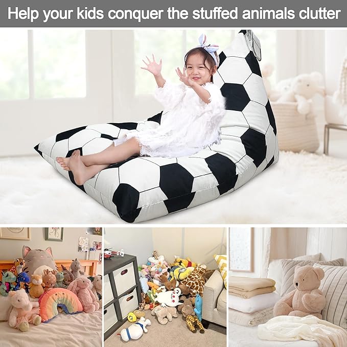 Jorbest Stuffed Animal Storage, Soccer Stuffed Animal Bean Bag Storage, Soccer Bean Bag Chair Cover for Kids, Luxury Velvet Stuffie Seat - Cover ONLY (200L/52 Gal)