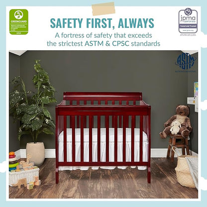 Aden 4-in-1 Convertible Mini Crib In Cherry, Greenguard Gold Certified, Non-Toxic Finish, New Zealand Pinewood, With 3 Mattress Height Settings
