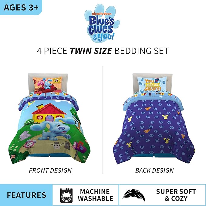 Franco Kids Bedding Super Soft Comforter and Sheet Set, 4 Piece Twin Size, Blues Clues