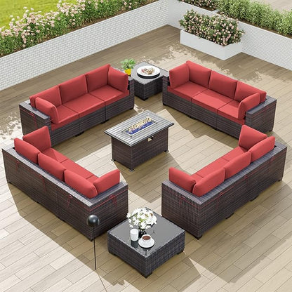 Kullavik 15PCS Outdoor Patio Furniture Set with 43" 55000BTU Gas Propane Fire Pit Table PE Wicker Rattan Sectional Sofa Patio Conversation Sets w/8 Coner Sofas,Red