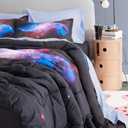 SLEEP ZONE Kids Bedding Comforter Set Full/Queen Size - Super Soft & Cute Printed 3-Piece Comforter Set All Seasons for Boys, Girls, Fade Resistant, Machine Washable, Purple Galaxy