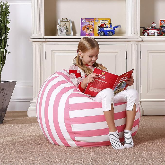 Aubliss Stuffed Animal Bean Bag Storage Chair, Beanbag Covers Only for Organizing Plush Toys, Turns into Bean Bag Seat for Kids When Filled, Large 38"-Canvas Stripes Pink/White