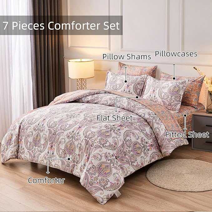 Yiran 7 Pieces Paisley Comforter Set Bed in a Bag Boho Floral Comforter Soft Microfiber Paisley Bedding Set Queen Size 90"×90"(1 Comforter,2 Pillowcases,2 Pillow Shams,1 Flat Sheet,1 Fitted Sheet)
