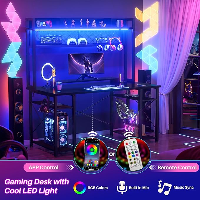 armocity 2024 Upgrade Gaming Desk with Hutch, 48'' Magic Computer Desk with LED Lights and Outlets, Reversible Workstation Desk with Pegboard and Monitor Stand, 48 Gamer Desk PC Table, Black