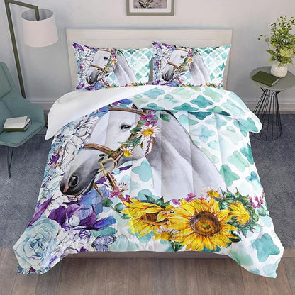Kid Sunflower Horse Comforter Set 3Pcs Rose Butterfly Retro Horse Bedding Set for Boys Girls Adult, 1 Comforter + 2 Pillowcases