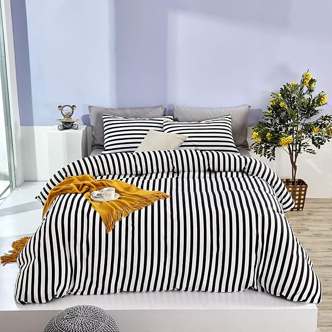 White&Black Stripes Comforter Set Full Women Bedding Set Soft Durable White Striated Bedding Set Black Stripes Ticking Quilts Hotel Quality Comforter Set Girls boy White Black Stripes Bed Set
