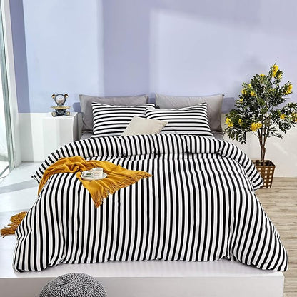 White&Black Stripes Comforter Set Full Women Bedding Set Soft Durable White Striated Bedding Set Black Stripes Ticking Quilts Hotel Quality Comforter Set Girls boy White Black Stripes Bed Set