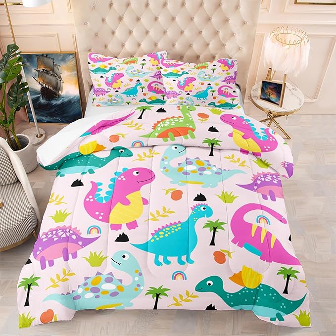 Dinosaur Bedding Full Size, Cute Girls Bedding Dinosaur Comforter Set for Girls Soft Breathable Cartoon Dino Quilt Kids Bedding Set for All Season, 1 Comforter 2 Pillowcase