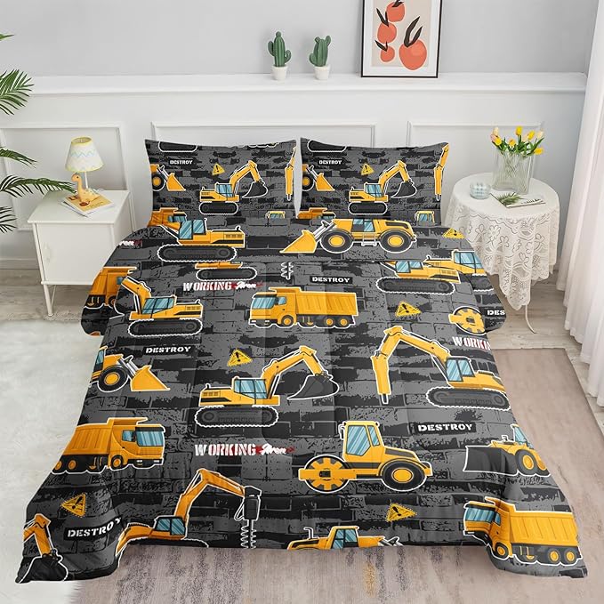 Datura home Kids Engineering Car Bedding Comforter Set Tractor Truck Printed Pattern with 1 and 2 Pillowcases for Boys Bedroom All Season(Truck2 Queen) Queen 90x90inches