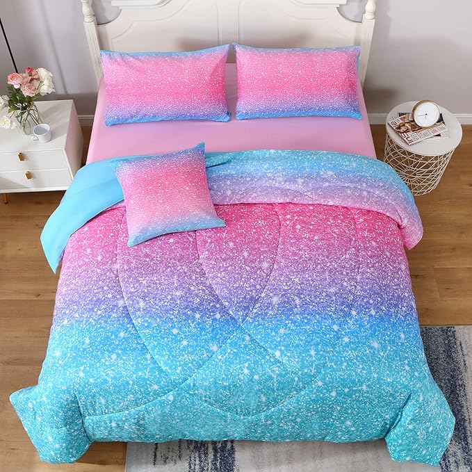 JQinHome Girls Comforter Sheet Set Full Size 6 Piece Bed in A Bag 3D Colorful Pink Rainbow Themed Bedding Set for Girls Women 1 Comforter,2 Pillowcases,1 Flat Sheet,1 Fitted Sheet,1 Cushion Cover