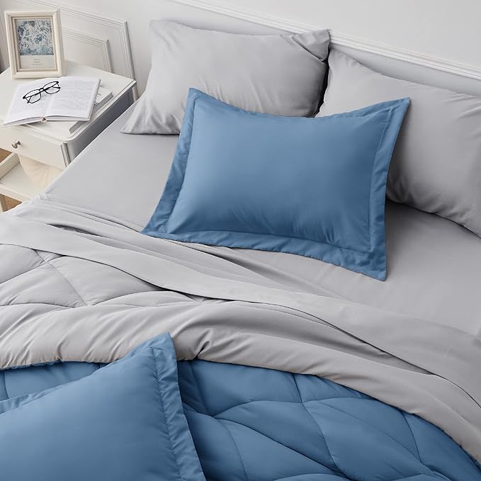 Bedsure Blue Comforter Set Queen - 7 Pieces Reversible Blue Bed in a Bag with Comforters, Sheets, Pillowcases & Shams, Queen Blue Bed Set