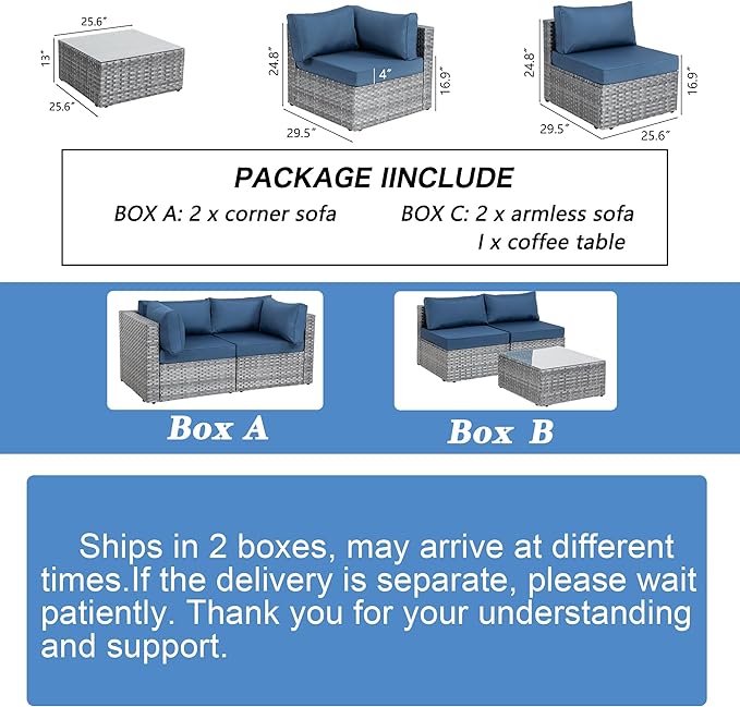 Shintenchi 5 Pieces Outdoor Patio Sectional Sofa Couch, Silver Gray PE Wicker Furniture Conversation Sets with Washable Cushions & Glass Coffee Table for Garden, Poolside, Backyard (Aegean Blue)