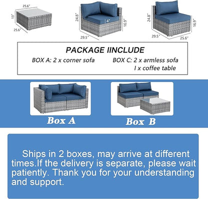 Shintenchi 5 Pieces Outdoor Patio Sectional Sofa Couch, Silver Gray PE Wicker Furniture Conversation Sets with Washable Cushions & Glass Coffee Table for Garden, Poolside, Backyard (Aegean Blue)