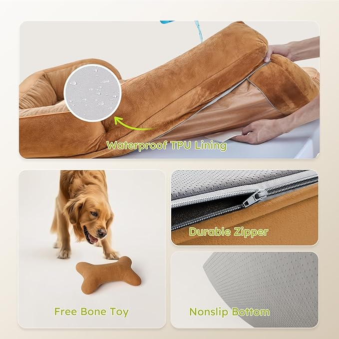 XXL Dog Bed for Extra Large Dogs, Giant Orthopedic Dog Bed with Cooling Gel Memory Foam, Waterproof Dog Bed with Removable Washable Cover, 53" Dog Sofa Bed Dutch Velvet with Bone Toy, Brown