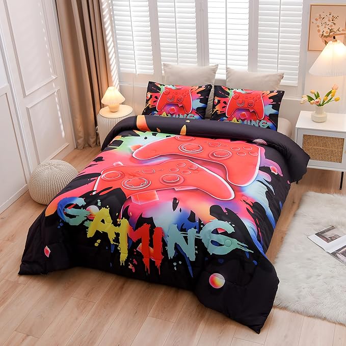 Aimuan Gaming Comforter Sets for Boys Kids Bedding Sets Video Games Console Action Buttons Novelty Colorful Game Gamepad Controller Modern Gamer Room Decor Home Quilt Set (Full, Black)