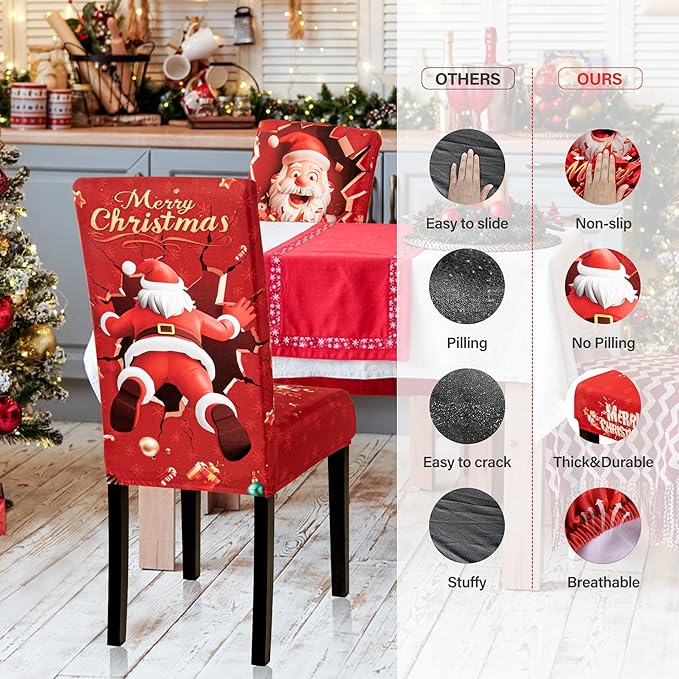 6PCS Christmas Dining Chair Covers Stretch Removable Washable Dining Room Chair Protector Slipcover 3D Print Santa Claus Deer Kitchen Chair Cover Slipcovers Protector for Xmas Holiday Party Home Décor