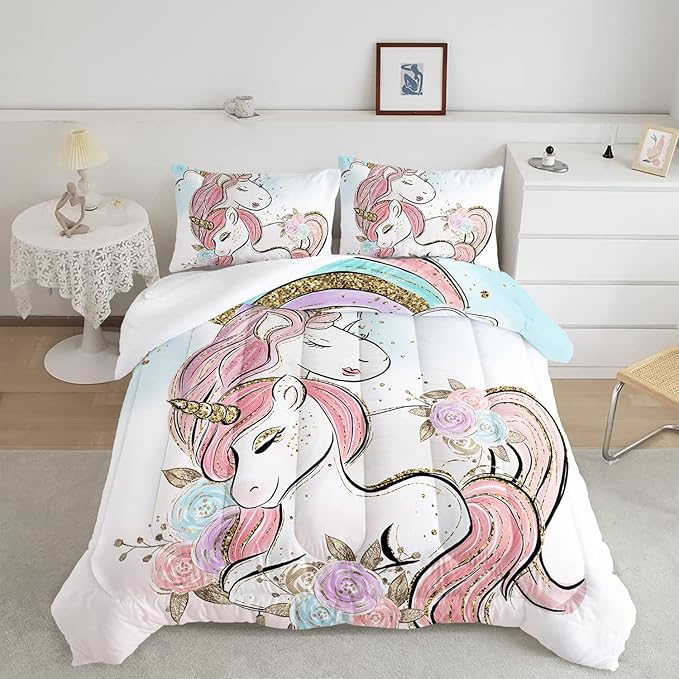 CVHOUSE Unicorn Bedding Queen Size,Unicorn Bedding Set for Girls Kids,Cute Unicorn Comforter Set Chrismas Duvet Set Unicorn Quilt Set Girls Room Decor 3 Pieces