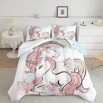 CVHOUSE Unicorn Bedding Twin Size,Unicorn Bedding Set for Girls Kids,Cute Unicorn Comforter Set Chrismas Duvet Set Unicorn Quilt Set Girls Room Decor 3 Pieces