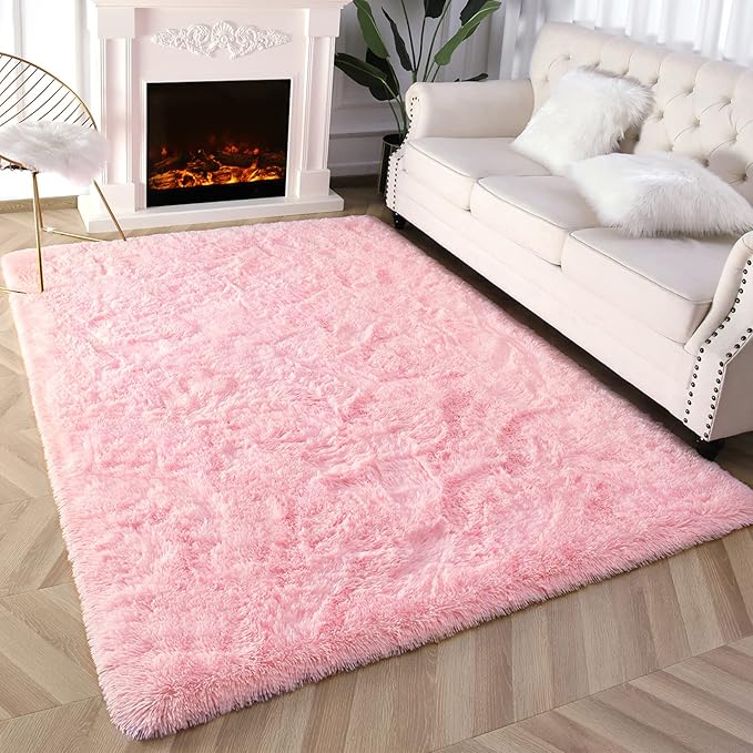 Super Soft Fluffy Shaggy Rugs 5x8 Feet for Living Room Bedroom, Fuzzy Plush Area Rugs for Girls Kids Room Nursery Home Decor, Furry Dorm Rug Cute Non-Slip Indoor Floor Carpet, Baby Pink