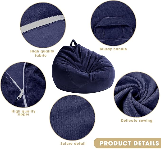 2 Pcs Bean Bag Cover Stuffed Animal Storage Bean Bag Chair Cover Soft Corduroy Stuffed Animal Bean Bag Storage for Kids Adults Indoor Bedroom Organizing Plush Toys (Blue,200l)