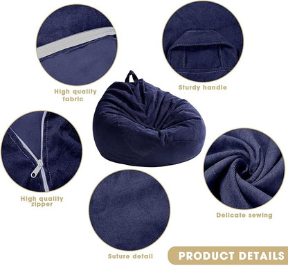 2 Pcs Bean Bag Cover Stuffed Animal Storage Bean Bag Chair Cover Soft Corduroy Stuffed Animal Bean Bag Storage for Kids Adults Indoor Bedroom Organizing Plush Toys (Blue,200l)