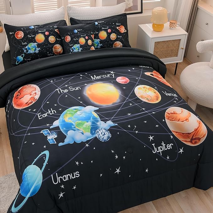 6 Pcs Solar System Comforter Set Full Outer Space Bedding Set Universe Planets Theme Comforter for Boys Kids Ultra-Soft (1 Comforter, 2 Pillowcases, 1 Flat Sheet, 1 Fitted Sheet,1 Pillowcover)