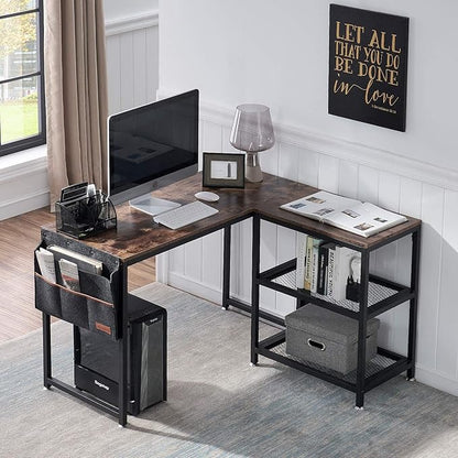 VECELO L Shaped Computer Gaming Corner Desk 47 Inch Study Writing Table, Home Office Workstation with Storage Shelves & Bag, Brown