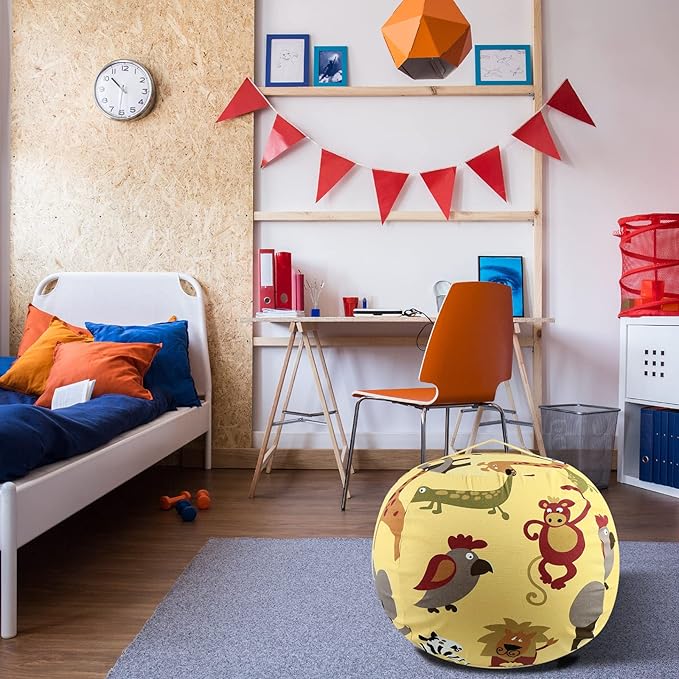 Stuffed Animal Storage Bean Bag Chairs Toy Storage Organizer Bean Bags Chair Cover for Kids 24" Cotton Canvas Beanbag with Zipper for Organizing Kid's and Adults Room, Animal pattern