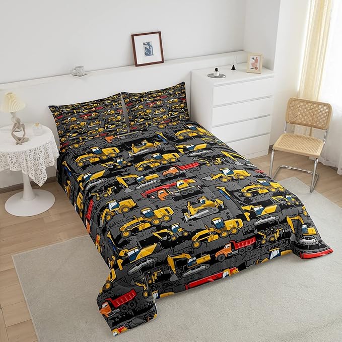 Erosebridal Excavator Comforter Set King,Tractor Construction Bedding Set for Kids Boys Teens Truck Room Decor,Cartoon Vehicle Car Bedding Comforter Construction Site Duvet Set Yellow Dark Grey 3 Pcs