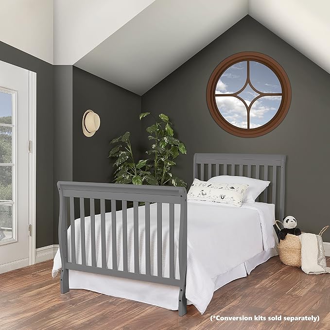 Aden 4-in-1 Convertible Mini Crib In Steel Grey, Greenguard Gold Certified, Non-Toxic Finish, New Zealand Pinewood, With 3 Mattress Height Settings