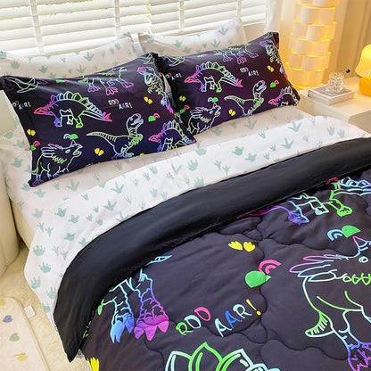 7 Piece Dinosaur Comforter Set -Twin Size for Boys 3D Print Sketch Dinosaur Bedding Set Bed in A Bag for Kids Teens Rainbow-Colored Gradient Line Animal Comforter