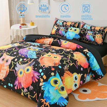DORCAS Cute Owl Twin Comforter Boys Girls Bedding Sets Twin 6 Pieces Animal Bed-in-A-Bag Twin with Comforter,Sheets,Pillowcases for Kids