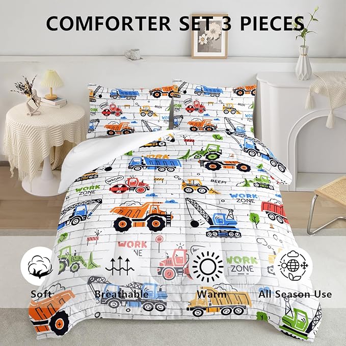 Axolotl Construction Comforter Set Full,Excavator Bedding Set,Construction Vehicles Comforter Set,Excavator Comforter,Excavator Tractor Trucks Bedding Set for Kids Boys Teens,1 Quilt 2 Pillowcases