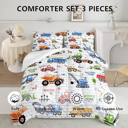 Axolotl Construction Comforter Set Full,Excavator Bedding Set,Construction Vehicles Comforter Set,Excavator Comforter,Excavator Tractor Trucks Bedding Set for Kids Boys Teens,1 Quilt 2 Pillowcases
