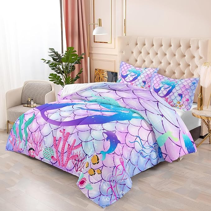 CVHOUSE Mermaid Comforter Sets King for Girls Women,Mermaid Scale Bedding Sets King Set,Mermaid Bedspread,Mermaid Duvet,Mermaid Bed Set,Mermaid Quilt Set 3 Pcs 1 Comforter and 2 Pillowcases