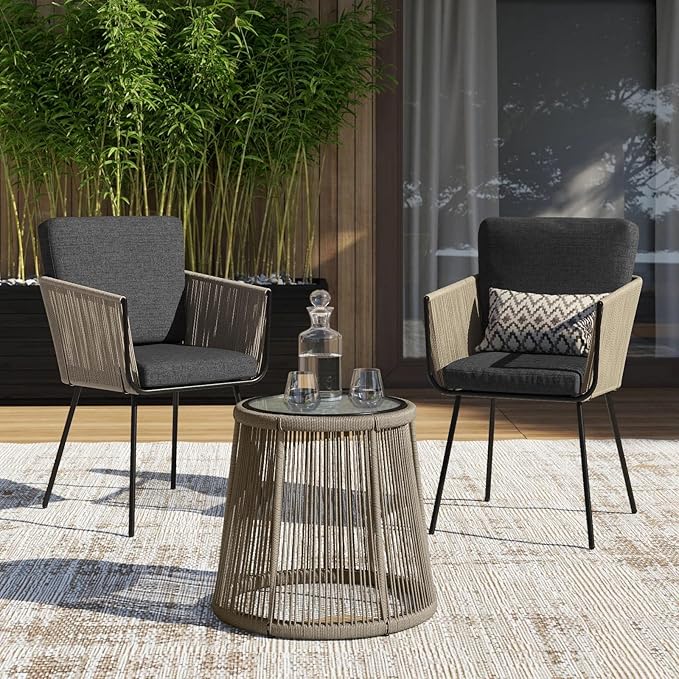 Barton 3 Pieces Wicker Chair Set w/Glass Table Gray Outdoor Patio Furniture Wicker Rattan Modern Conversation Chat Seating