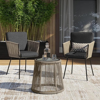 Barton 3 Pieces Wicker Chair Set w/Glass Table Gray Outdoor Patio Furniture Wicker Rattan Modern Conversation Chat Seating