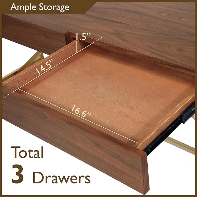 Lizon Modern 60 Inch Wood Desk with Drawers, Office Table with Storage, Vanity Without Mirror for Bedroom, Study Room, Dorm, 60-inch, Light Walnut Brown and Gold