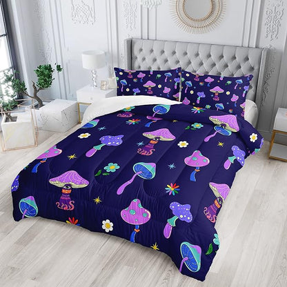 Colorful Mushroom Comforter Set Twin Size Kids Trippy Mushroom Bedding Set Hippy Star Eye Theme Quilt Bed Set for Boys Girls Adults with 1 Comforter and 2 Pillowcases