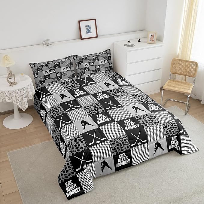 Ice Hockey Comforter Sets For Boys Full Black White Grey Winter Sports Games Down Comforter Kids Teen Room Decor,Hockey Pucks Player Bedding Set Geometric Checkered Stripes Quilt Duvet 2 Pillow Cases