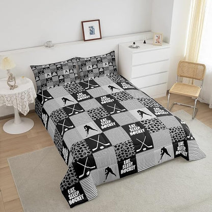 Ice Hockey Comforter Sets For Boys Full Black White Grey Winter Sports Games Down Comforter Kids Teen Room Decor,Hockey Pucks Player Bedding Set Geometric Checkered Stripes Quilt Duvet 2 Pillow Cases
