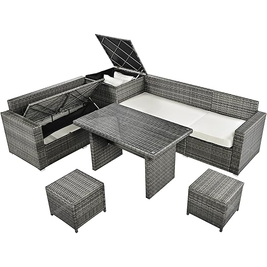 6-Piece Patio Furniture Set, L-Shaped Outdoor PE Wicker Rattan Sectional ConversationSet with Adjustable Seat, Storage Box, Removable Covers and Tempered Glass Top Table, for Backyard