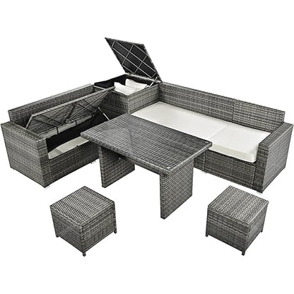 6-Piece Patio Furniture Set, L-Shaped Outdoor PE Wicker Rattan Sectional ConversationSet with Adjustable Seat, Storage Box, Removable Covers and Tempered Glass Top Table, for Backyard