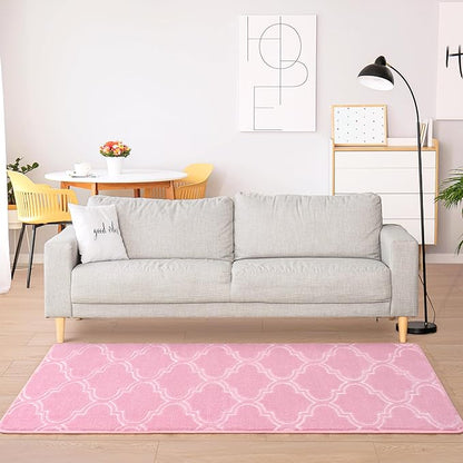 Chicrug Shag Geometric Modern Runner Rug for Bedroom, 2x6 Feet Memory Foam Indoor Hallway Runner Carpet, Fluffy Rug for Living Room Bedside Room Decor for Family, Pink/White